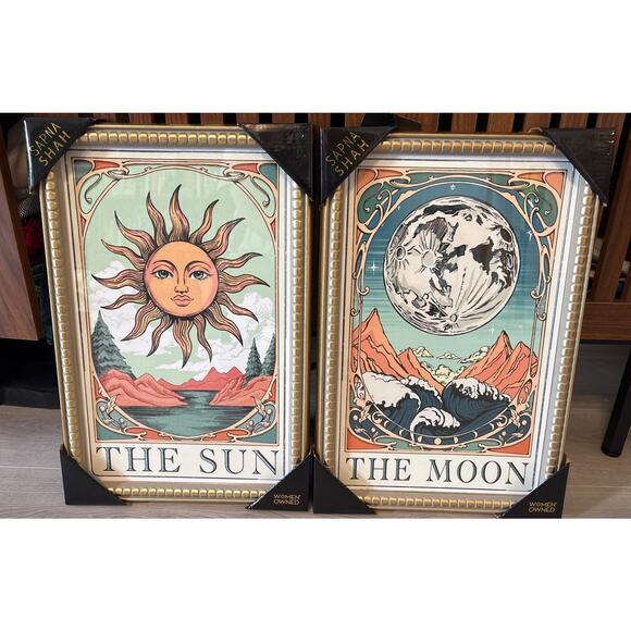 New Set Of 2 Sapna Shah Framed Art The Sun & The Moon 18”x 12” Wall Art Decor